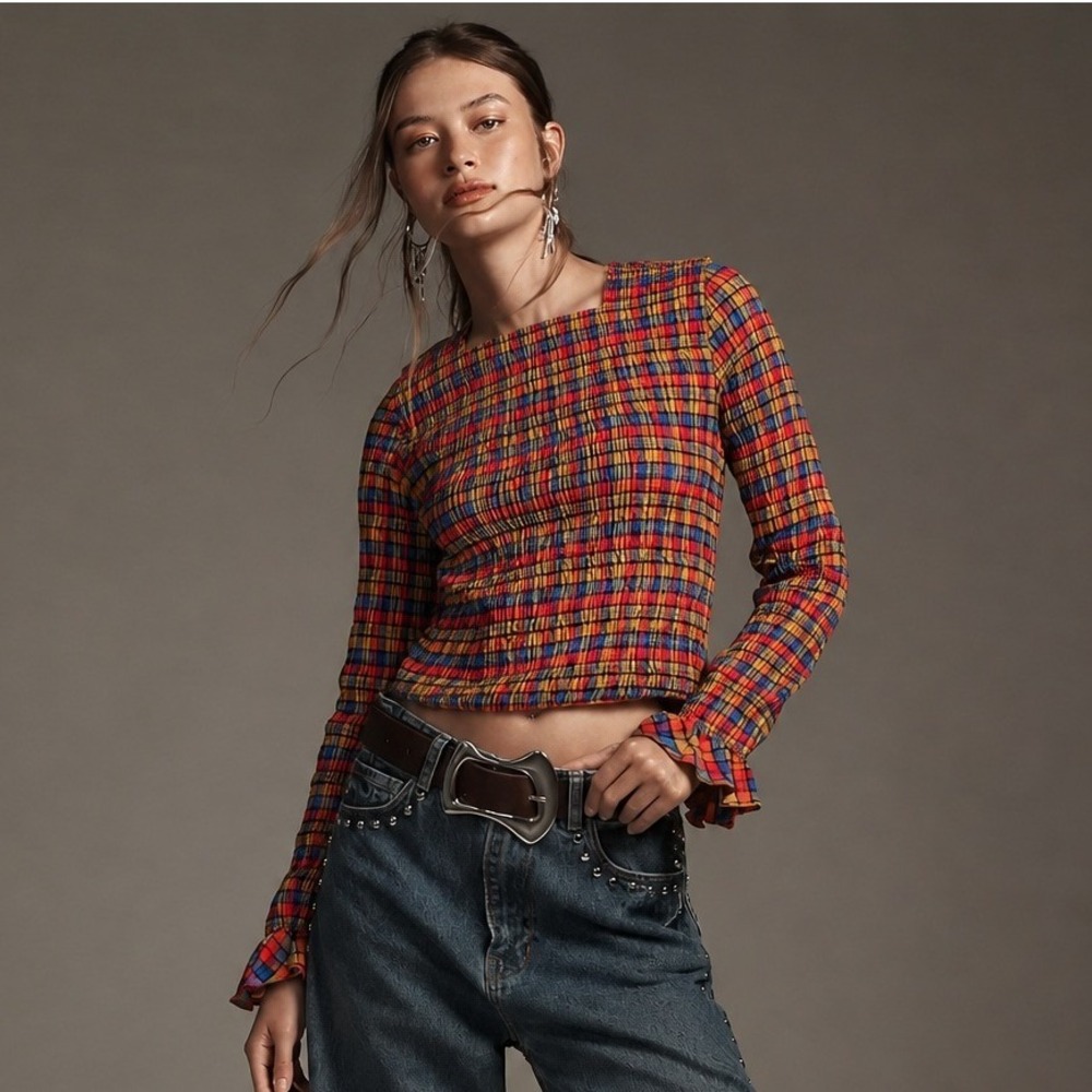 Anthropologie Maeve Plaid Smocked Top M Rainbow Long Sleeve Ruffle Bohemian Fall